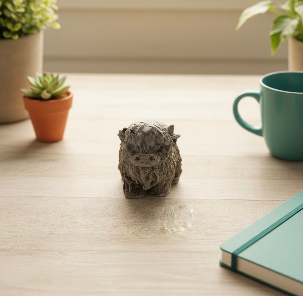 Highland Cow Desk Figurine – Grey & Black Swirl | Handmade Cute Desk Decor & Animal Gift