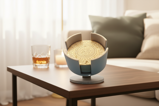 Modular coaster holder with gold mandala coasters on wooden table, light background