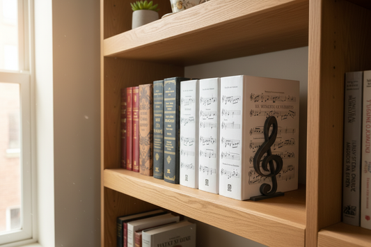 Treble clef bookends on a wooden bookshelf holding music books in a cozy home library